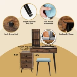 Costway Vanity Makeup Table Set 3-Color Dimmable Human Body Induction LED Light WhiteBrown -Home Style Deals Store GUEST 05700f89 6b8a 45e8 8687 b1a8300a9e0a