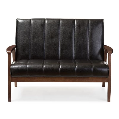 Nikko Mid-Century Modern Scandinavian Style Faux Leather Wooden 2 Seater Loveseat - Baxton Studio 1 Nikko Mid-Century Modern Scandinavian Style Faux Leather Wooden 2 Seater Loveseat - Baxton Studio