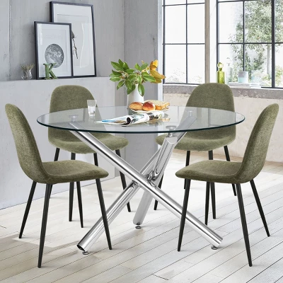 Eileen+Spoon 5-Piece Silver Round Clear Glass Dining Table Set With 4 Upholstered Chairs With Metal Legs -The Pop Maison 4 Eileen+Spoon 5-Piece Silver Round Clear Glass Dining Table Set With 4 Upholstered Chairs With Metal Legs -The Pop Maison - Image 4