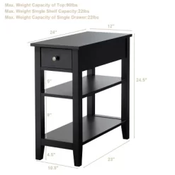 3Tier Nightstand Bedside Table Sofa Side End Table W/Double Shelves Drawer Black
