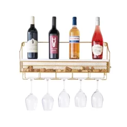Twine Gold Wall Mounted Wine Rack, Holds 8 Standard Wine Bottles, Wood And Cast Iron, Cork Storage, Holds 5 Wine Glasses, Gold Finish -Home Style Deals Store GUEST 12ffaea0 3263 4019 acf3 b22f0a3be3f6