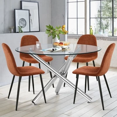 Eileen+Spoon 5-Piece Silver Round Clear Glass Dining Table Set With 4 Upholstered Chairs With Metal Legs -The Pop Maison 8 Eileen+Spoon 5-Piece Silver Round Clear Glass Dining Table Set With 4 Upholstered Chairs With Metal Legs -The Pop Maison - Image 8