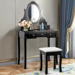 Costway Vanity Jewelry Wooden Makeup Dressing Table Set W/Stool Mirror & 5 Drawers Black -Home Style Deals Store GUEST 192fb5d7 be5a 4094 a627 5147d4589e74