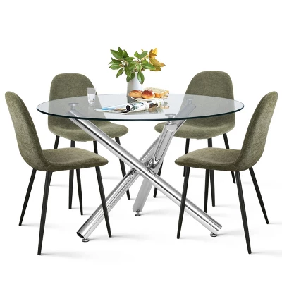 Eileen+Spoon 5-Piece Silver Round Clear Glass Dining Table Set With 4 Upholstered Chairs With Metal Legs -The Pop Maison 2 Eileen+Spoon 5-Piece Silver Round Clear Glass Dining Table Set With 4 Upholstered Chairs With Metal Legs -The Pop Maison - Image 2