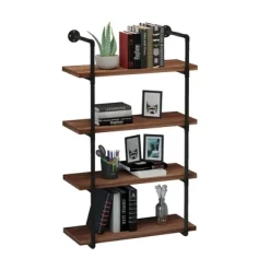 HOMCOM 4-Tier Industrial Pipe Shelves Floating Wall Mounted Bookshelf, Metal Frame Display Rack, 1.25" Thickness Shelving Unit Kitchen, Bar, Brown -Home Style Deals Store GUEST 1b483c61 f7a8 48a8 8e13 9781f3c08ef7