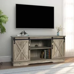 GHQME 58-Inch Sliding Barn Door Wooden Farmhouse Universal TV Stand Media Console Table With Adjustable Shelves And 220 Pound Capacity, Natural Tan -Home Style Deals Store GUEST 231b4155 20e9 47fe 993f eb665ae94ea4