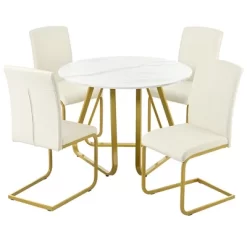 5 PCS Round Dining Table Set With Faux Marble Dining Table And Metal Legs, White-ModernLuxe 18 5 PCS Round Dining Table Set With Faux Marble Dining Table And Metal Legs, White-ModernLuxe -Home Style Deals Store GUEST 295b3135 d0ea 4579 b6b0 2d11578dc161