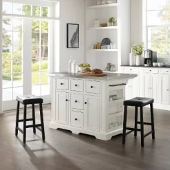 Julia Stainless Steel Top Kitchen Island With 2 Upholstered Saddle Counter Height Barstools White - Crosley