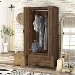 Nurembo 1 Drawer Wardrobe Closet Distressed Walnut - HOMES: Inside + Out -Home Style Deals Store GUEST 325f4d6f bb7b 4dd4 be44 e536f4355469
