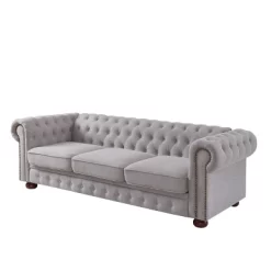 Chesterfield Linen Tufted Nailhead Upholstered Sofa With Wooden Legs - ModernLuxe -Home Style Deals Store GUEST 381301b7 38f9 4229 b089 39e80f32aeb2