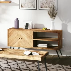 Mindful Living Rustic Farmhouse Mid Century Fusion 2 Shelf Mango Wood Top & Iron Hairpin Legs Chevron Pattern TV Console Cabinet Entertainment Center -Home Style Deals Store GUEST 396db904 df9d 4a6a 8c9a 78c67a522d29