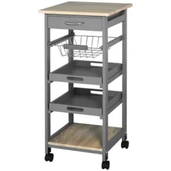 HOMCOM Mobile Rolling Kitchen Island Trolley Serving Cart With Underneath Drawer & Slide-Out Wire Storage Basket, Grey -Home Style Deals Store GUEST 399c4a02 a463 4e4f b9eb 475d358ceb8d