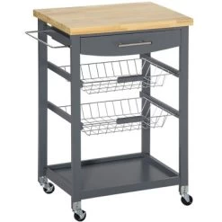 HOMCOM 3-Tier Utility Kitchen Cart With Handle Bar, Steel Basket Rolling Cart, Food Storage Service Trolley With Drawer, Rubber Wood Top -Home Style Deals Store GUEST 3ae99e36 b09e 4ac0 bee0 94260c614857