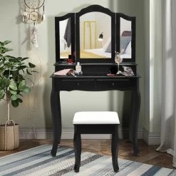 Costway Vanity Makeup Dressing Table Set W/Stool 4 Drawer&Mirror Jewelry Wood Desk Black