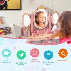Costway Kids Vanity Princess Makeup Dressing Table Chair Set W/ Tri-fold Mirror Pink -Home Style Deals Store GUEST 3e418062 a20c 4a4b 872e fbd6654df73b