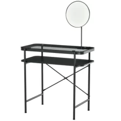 HOMCOM Modern Glasstop Vanity Table With Mirror, Makeup Dressing Table With Rotating Round Mirror, Shelves For Perfumes, Cosmetics, Lotions, Black -Home Style Deals Store GUEST 3ea758db fa3f 48bf bfca f76e5dd7a4fb
