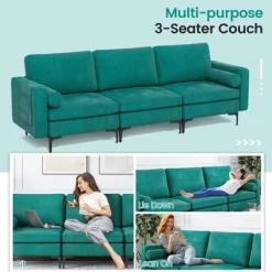 Costway Modern Modular 3-Seat Sofa Couch W/ Side Storage Pocket & Metal Leg Teal -Home Style Deals Store GUEST 3f0089ec 6dcf 4270 85d5 aadc281a4627