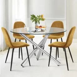 Eileen+Spoon 5-Piece Silver Round Clear Glass Dining Table Set With 4 Upholstered Chairs With Metal Legs -The Pop Maison 14 Eileen+Spoon 5-Piece Silver Round Clear Glass Dining Table Set With 4 Upholstered Chairs With Metal Legs -The Pop Maison -Home Style Deals Store GUEST 40e4ca97 b6b0 400a beb5 de705bf7d7ef