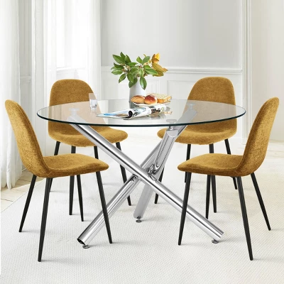 Eileen+Spoon 5-Piece Silver Round Clear Glass Dining Table Set With 4 Upholstered Chairs With Metal Legs -The Pop Maison 6 Eileen+Spoon 5-Piece Silver Round Clear Glass Dining Table Set With 4 Upholstered Chairs With Metal Legs -The Pop Maison - Image 6