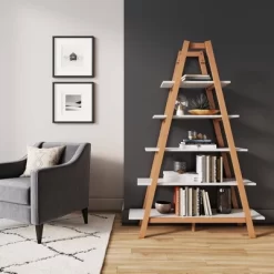 66" Carlie Wood 5-Shelf Ladder Display Bookshelf Medium Pine/Matte White- Nathan James