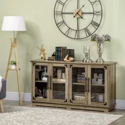 HOMCOM Farmhouse Sideboard, Buffet Cabinet, Coffee Bar Cabinet With 4 Glass Doors, Credenza, Distressed Grey