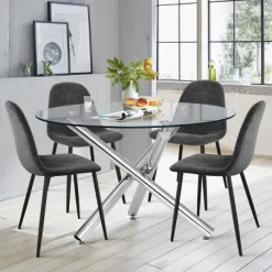 Eileen+Spoon 5-Piece Silver Round Clear Glass Dining Table Set With 4 Upholstered Chairs With Metal Legs -The Pop Maison 17 Eileen+Spoon 5-Piece Silver Round Clear Glass Dining Table Set With 4 Upholstered Chairs With Metal Legs -The Pop Maison -Home Style Deals Store GUEST 4cf86779 ffb0 4489 b77e 0ea3bddfcd25