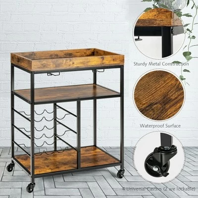 Costway 3-Tier Rolling Kitchen Cart Utility Trolley W/ Wine Bottle Rack 7 Costway 3-Tier Rolling Kitchen Cart Utility Trolley W/ Wine Bottle Rack - Image 7