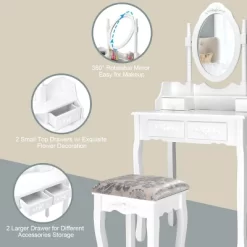 Costway Vanity Wood Makeup Dressing Table Stool Jewelry Desk 4 White -Home Style Deals Store GUEST 520186fc 6810 41da 8e58 be70fe57ceab