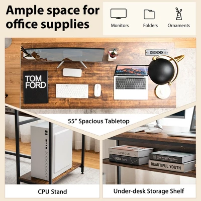 Costway 55'' Computer Desk Home Office PC Workstation W/ Power Outlets & USB Ports Rustic / Black 6 Costway 55'' Computer Desk Home Office PC Workstation W/ Power Outlets & USB Ports Rustic / Black - Image 6