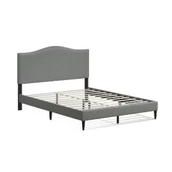 Glenwillow Home Kameli Upholstered Platform Bed Frame, Nailhead Trim Camelback, Mattress Foundation, No Box Spring Needed, Easy Assembly, Stone, Queen