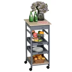 HOMCOM Mobile Rolling Kitchen Island Trolley Serving Cart With Underneath Drawer & Slide-Out Wire Storage Basket, Grey -Home Style Deals Store GUEST 5d9b544f 71d9 4323 8f60 d844ab9e273f