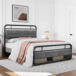 Yaheetech Metal Platform Bed Frame With Velvet Upholstered Headboard