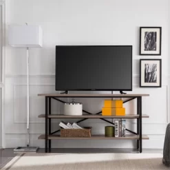 Triple Shelf Metal X-Accent TV Stand With Gray Oak Wood Shelves - Henn&Hart -Home Style Deals Store GUEST 5e2e7682 0c4c 4a8a bdce 72a1a0178240