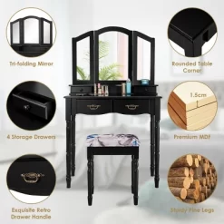 Costway Black Tri Folding Mirror Vanity Makeup Table Stool 4 Drawers -Home Style Deals Store GUEST 63e8e497 7156 4d7f a37a b000cdd675ca