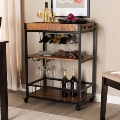 Cerne Oak And Finished Mobile Metal Bar Cart With Wine Bottle Rack Brown - Baxton Studio -Home Style Deals Store GUEST 66be3651 75e3 461f a20d dda05114160b
