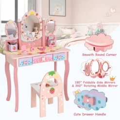 Costway Kids Vanity Princess Makeup Dressing Table Chair Set W/ Tri-fold Mirror Pink -Home Style Deals Store GUEST 6c6e5203 8577 4ba8 a462 5f1baaefc94a
