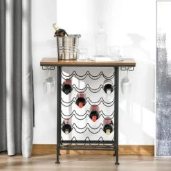HOMCOM 24-Bottle Industrial Modern Wine Rack Table, Freestanding 6 Tier Wine Bottle Organizer With Glass Stemware Holder , Natural / Black