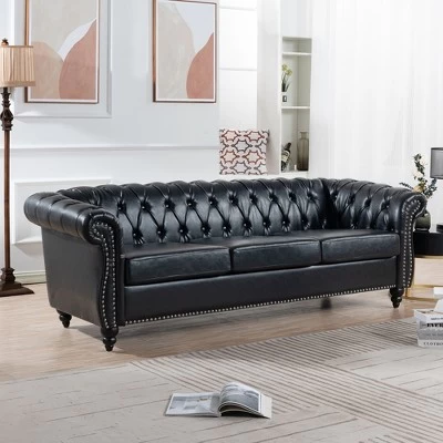 84.65" Chesterfield Rolled Arm 3 Seater Upholstered Sofa, Tufted Sofa Couch-ModernLuxe 1 84.65" Chesterfield Rolled Arm 3 Seater Upholstered Sofa, Tufted Sofa Couch-ModernLuxe