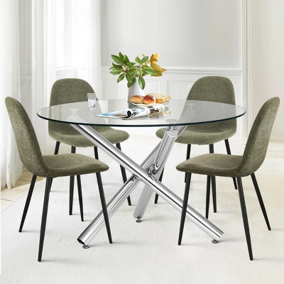 Eileen+Spoon 5-Piece Silver Round Clear Glass Dining Table Set With 4 Upholstered Chairs With Metal Legs -The Pop Maison 1 Eileen+Spoon 5-Piece Silver Round Clear Glass Dining Table Set With 4 Upholstered Chairs With Metal Legs -The Pop Maison
