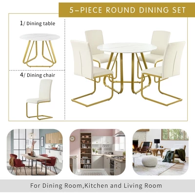 5 PCS Round Dining Table Set With Faux Marble Dining Table And Metal Legs, White-ModernLuxe 4 5 PCS Round Dining Table Set With Faux Marble Dining Table And Metal Legs, White-ModernLuxe - Image 4