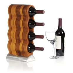 Nambe Handcrafted Acacia Wood Curvo Winery Rack With Alloy Metal Base Modern Design, Holds 4 Bottles, Brown Silver
