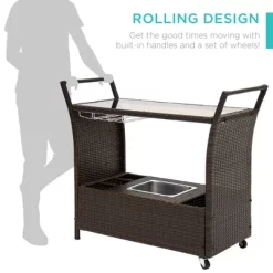 Best Choice Products Wicker Outdoor Rolling Bar Cart W/ Ice Bucket, Glass Countertop, Glass Holders, Storage - Brown -Home Style Deals Store GUEST 78a498dd b0cb 4679 a442 1586b568df3d