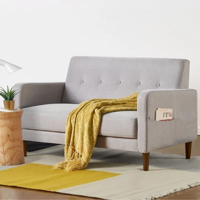 Adair Mid Century Modern Loveseat With Armrest Pockets Tufted Linen Fabric Light Gray - Mellow 2 Adair Mid Century Modern Loveseat With Armrest Pockets Tufted Linen Fabric Light Gray - Mellow - Image 2