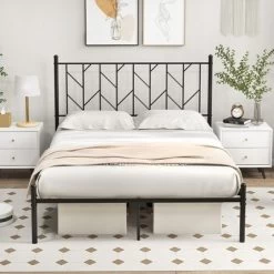 Costway Full/Qween/Twin Size Metal Platform Bed Frame Vintage Headboard Mattress Foundation Black