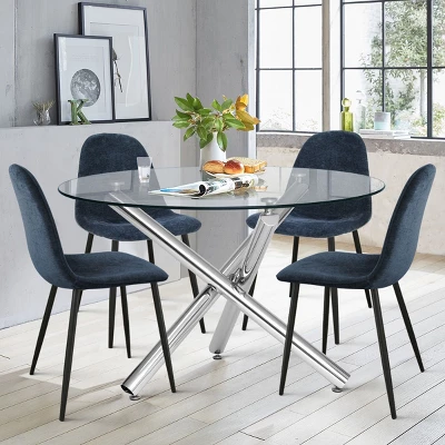 Eileen+Spoon 5-Piece Silver Round Clear Glass Dining Table Set With 4 Upholstered Chairs With Metal Legs -The Pop Maison 5 Eileen+Spoon 5-Piece Silver Round Clear Glass Dining Table Set With 4 Upholstered Chairs With Metal Legs -The Pop Maison - Image 5