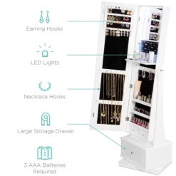 Best Choice Products 360 Swivel Standing Mirrored Jewelry Cabinet, LED-Lit Makeup Organizer W/ Mirror - White -Home Style Deals Store GUEST 8101c648 c246 41fe a99d 84d5be6ee48a
