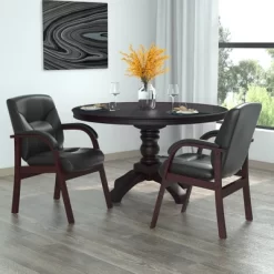Executive Leather Guest Chair With Mahogany Finished Wood Black - Boss Office Products