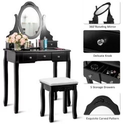 Costway Vanity Jewelry Wooden Makeup Dressing Table Set W/Stool Mirror & 5 Drawers Black -Home Style Deals Store GUEST 861f2994 2d03 49e1 8873 9b49630ba6b1