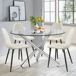 Eileen+Spoon 5-Piece Silver Round Clear Glass Dining Table Set With 4 Upholstered Chairs With Metal Legs -The Pop Maison 15 Eileen+Spoon 5-Piece Silver Round Clear Glass Dining Table Set With 4 Upholstered Chairs With Metal Legs -The Pop Maison -Home Style Deals Store GUEST 89e09bf6 0dd9 43d3 874c da5e88cf8e31