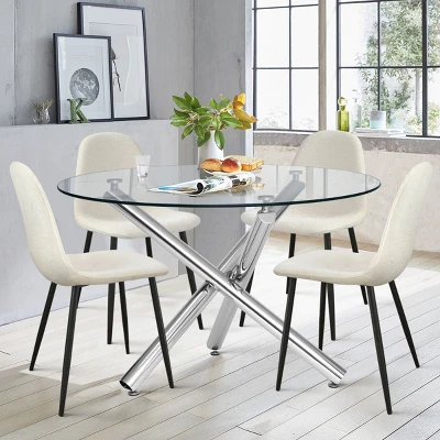 Eileen+Spoon 5-Piece Silver Round Clear Glass Dining Table Set With 4 Upholstered Chairs With Metal Legs -The Pop Maison 7 Eileen+Spoon 5-Piece Silver Round Clear Glass Dining Table Set With 4 Upholstered Chairs With Metal Legs -The Pop Maison - Image 7